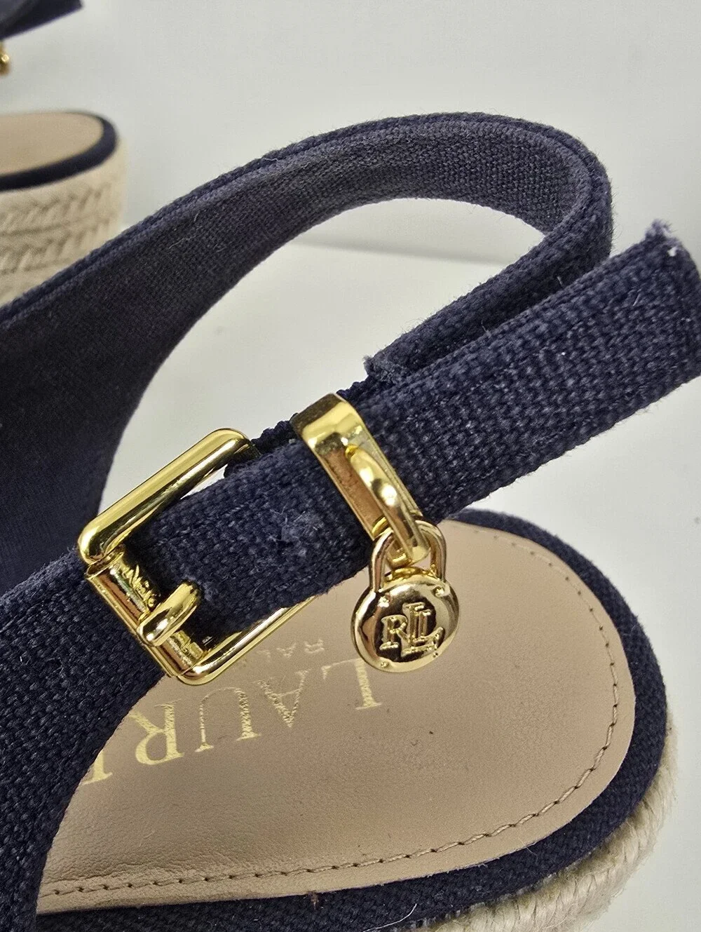 Lauren Ralph Lauren Navy Hadley Espadrille Wedge Canvas Sandals 8B Slingback